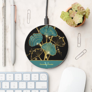 Turquoise Ginkgo Biloba and Gold Monogram Wireless Charger