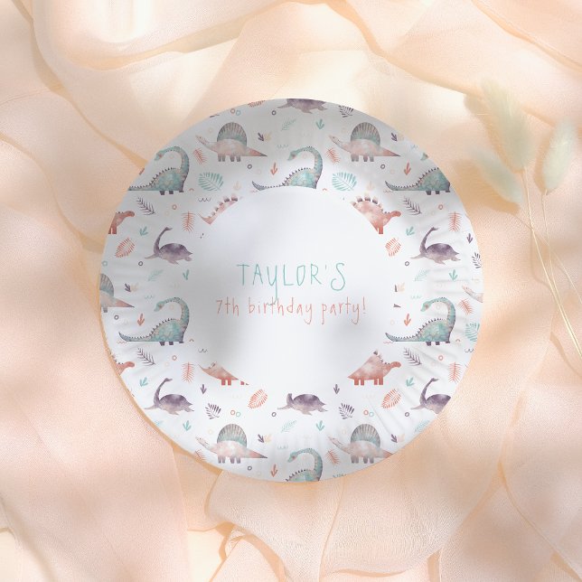 Turquoise Girl Dinosaur Birthday Party Paper Plates (Creator Uploaded)