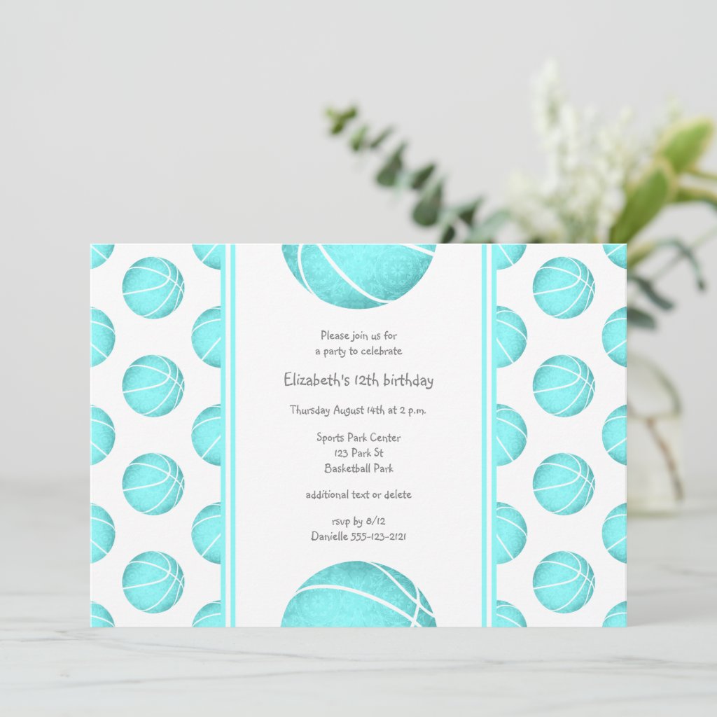 turquoise girl's basketball birthday or team party invitation