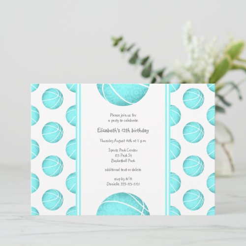 turquoise girls basketball birthday or team party invitation