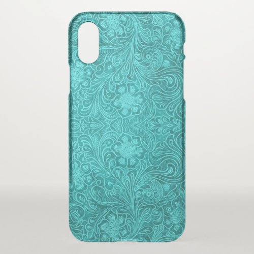Turquoise Girly Suede Leather Floral Swirls iPhone X Case