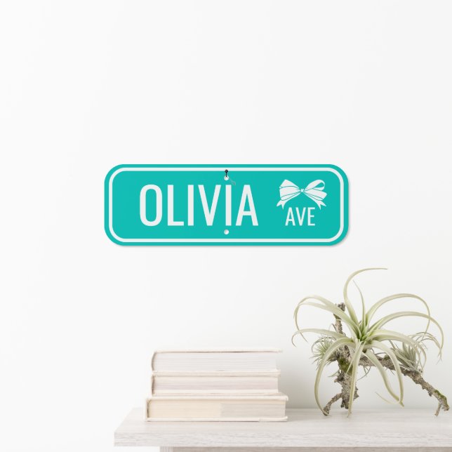 Turquoise Girly White Bow Your Name Avenue Metal Sign (In Situ(Wall))