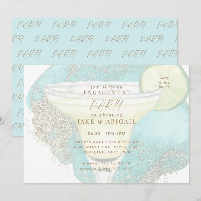 Turquoise Glam Margarita Engagement Party  Invitation (Front/Back)