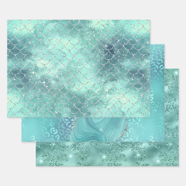 Turquoise Glam Sparkle Glitter Elegant Patterns Wrapping Paper Sheets (Set)
