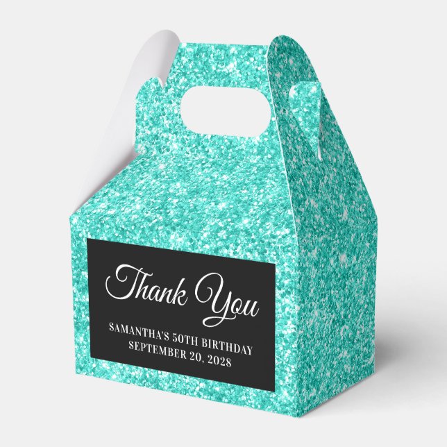 Turquoise Glitter 50th Birthday Thank You Favor Boxes (Front Side)