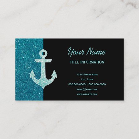 Turquoise Glitter And Aqua Bokeh Anchor Business Card