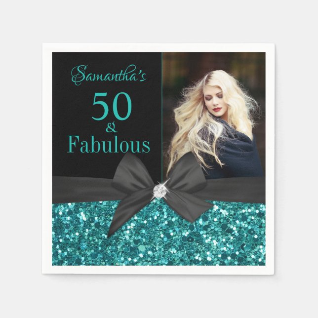 Turquoise Glitter Black Bow 50th Birthday Photo Napkins (Front)