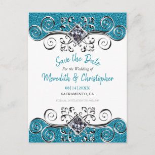 Turquoise Glitter Bling Wedding Save the Date Announcement Postcard