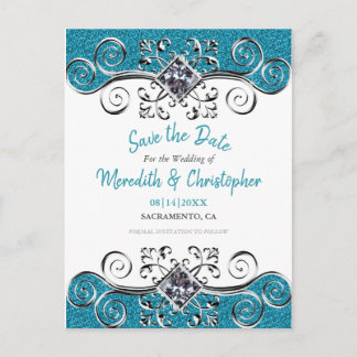 Turquoise Glitter Bling Wedding Save the Date Announcement Postcard
