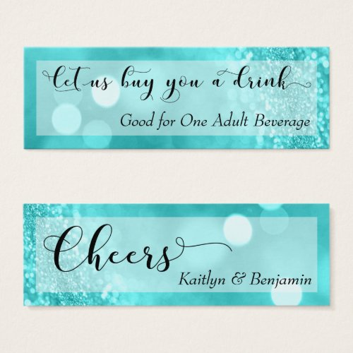 Turquoise Glitter Bokeh Script Mini Drink Ticket