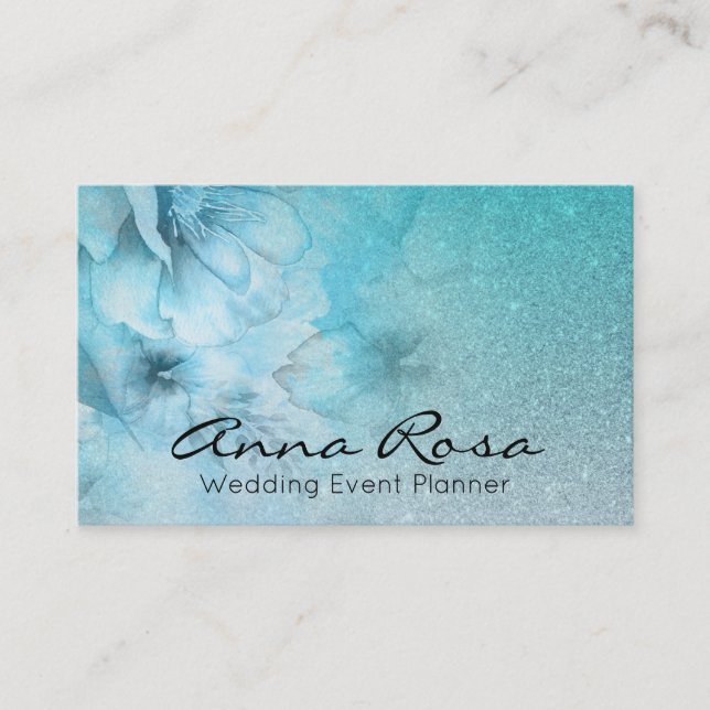 *~* Turquoise Glitter Celestial Watercolor Floral Business Card (Front)