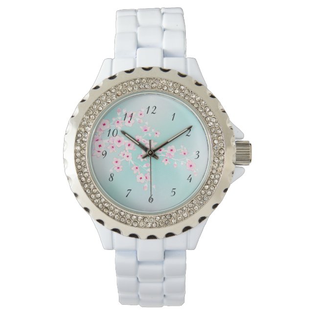 Turquoise Glitter Cherry Blossoms Watch (Front)