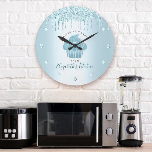 Turquoise Glitter Drips Cupcake Bakery Pastry Chef Large Clock