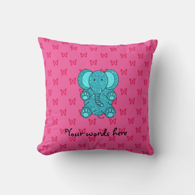 Turquoise glitter elephant pink butterflies throw pillow (Front)