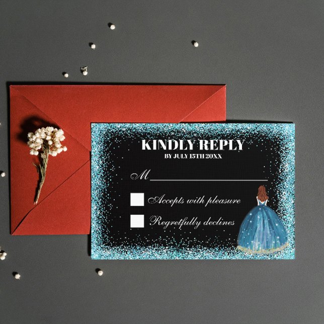 Turquoise Glitter Foil Balloon Ballgown Custom RSVP Card (Creator Uploaded)