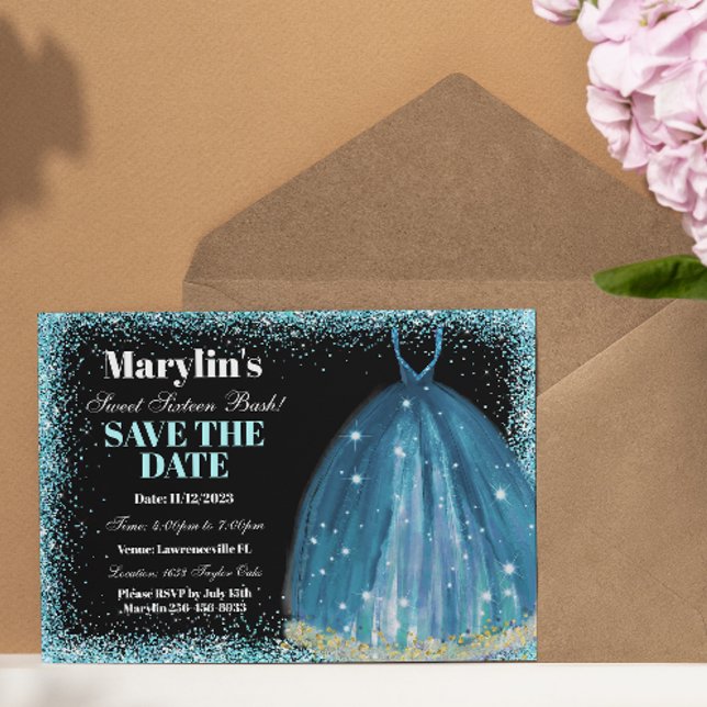 Turquoise Glitter Foil Balloon Ballgown Custom Save The Date (Creator Uploaded)