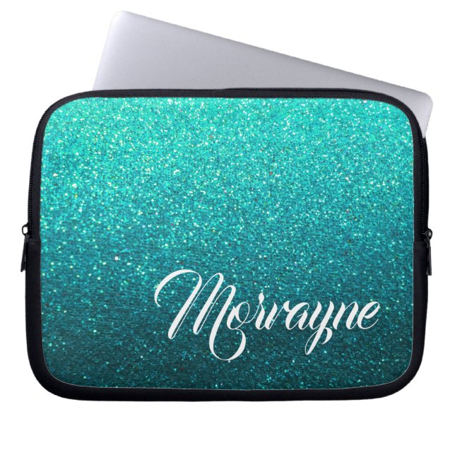 Turquoise Glitter Glam Ombre Sparkles Fancy Name Laptop Sleeve (Front)