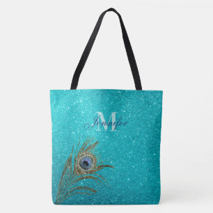 Turquoise Glitter Glam with Peacock Feather Tote Bag