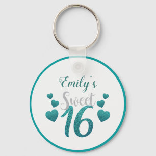 Turquoise Glitter Hearts And Numbers Keychain