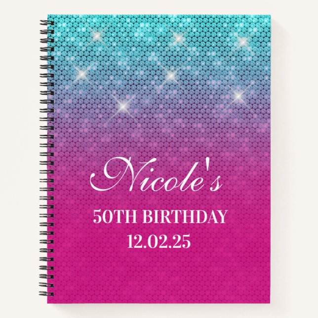 Turquoise Glitter Hot Pink Ombre 50th Birthday Notebook (Front)