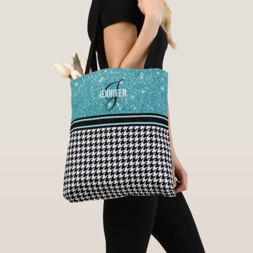 Turquoise Glitter Houndstooth name monogram Tote Bag