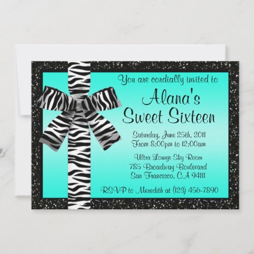 Turquoise Glitter Invite With Zebra Print Bow