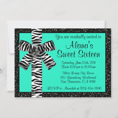 Turquoise Glitter Invite With Zebra Print Bow