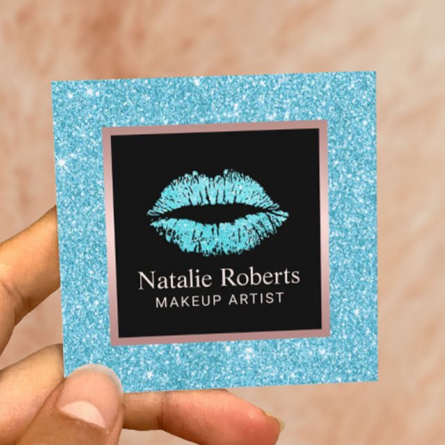 Turquoise Glitter Lips Beauty Salon Makeup Artist Square Business Card (Creator Uploaded)