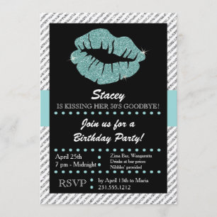Turquoise Glitter Lips Kissing Adult Birthday Invitation