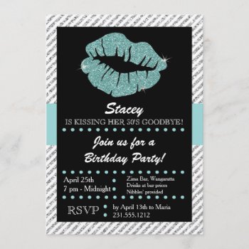 Turquoise Glitter Lips Kissing Adult Birthday Invitation by AnnounceIt at Zazzle