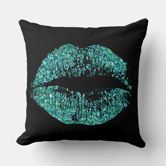 Turquoise Glitter Lips On Black Throw Pillow (Front)