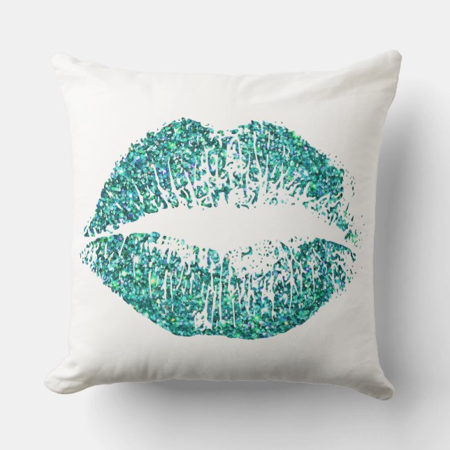 Turquoise Glitter Lips Throw Pillow (Front)