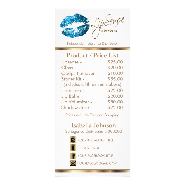 Turquoise Glitter Lips - White -  Price List Rack Card (Front)
