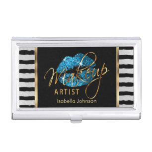 Turquoise Glitter Lips with Black & White Stripes Business Card Case