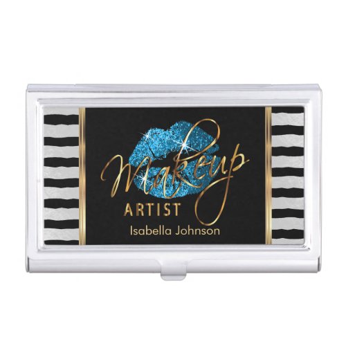 Turquoise Glitter Lips with Black  White Stripes  Business Card Case