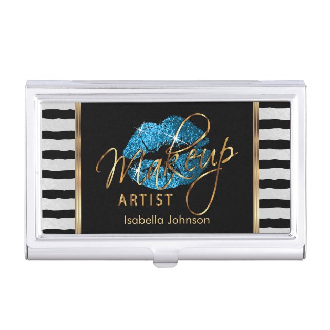 Turquoise Glitter Lips with Black & White Stripes  Business Card Case (Front)