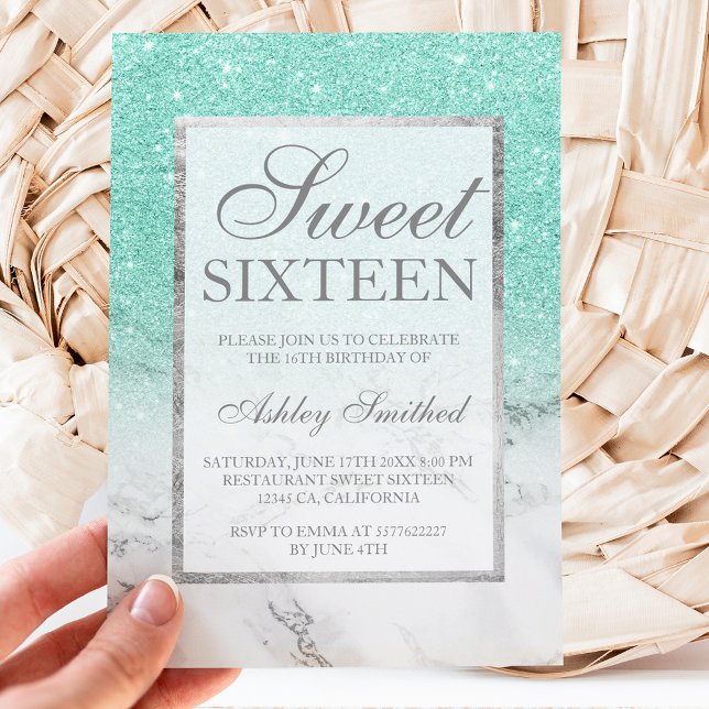 Turquoise glitter marble elegant chic Sweet 16 Invitation (Creator Uploaded)