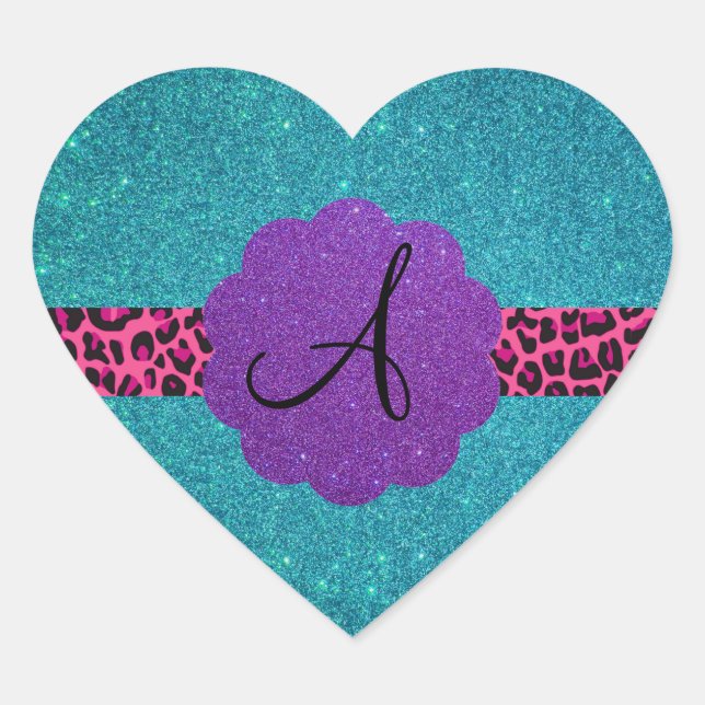 Turquoise glitter monogram heart sticker (Front)