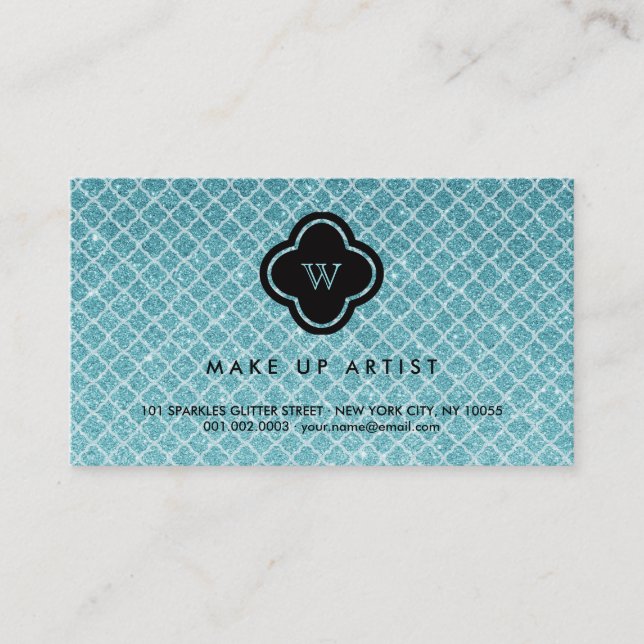 Turquoise Glitter Monogram Quatrefoil Profile Card (Front)