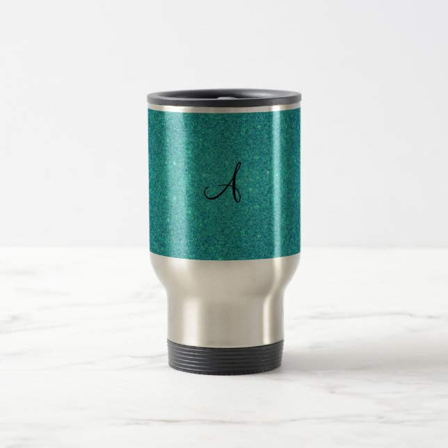 Turquoise glitter monogram travel mug (Center)