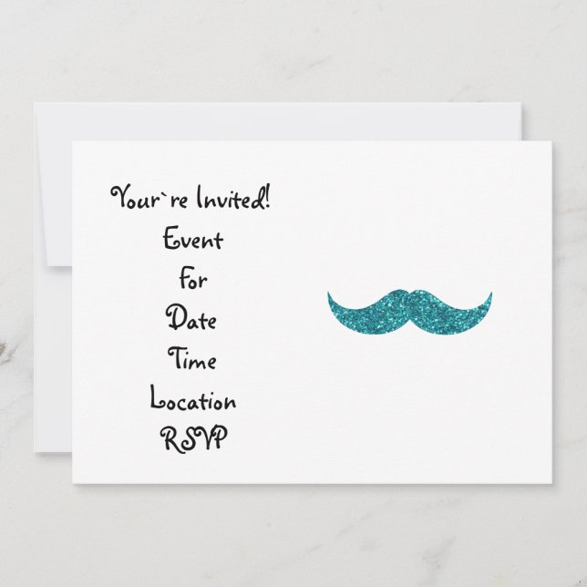 Turquoise glitter mustache invitation (Front)