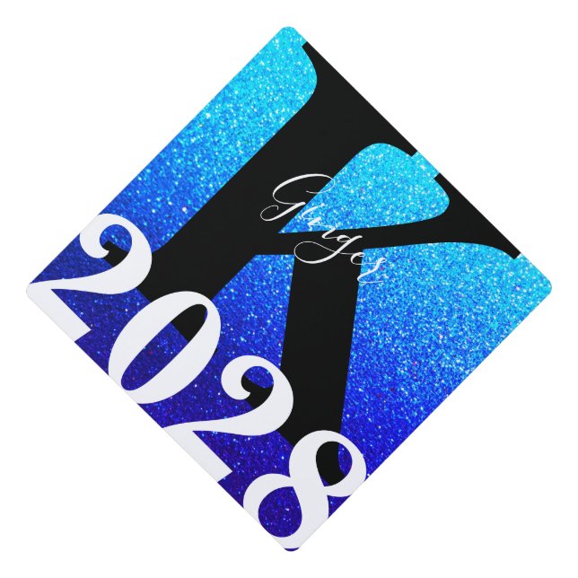 Turquoise Glitter Ombre Monogram Name Graduation Cap Topper (Front)
