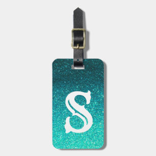 Turquoise Glitter Ombre Sparkles Glam Monogram Luggage Tag