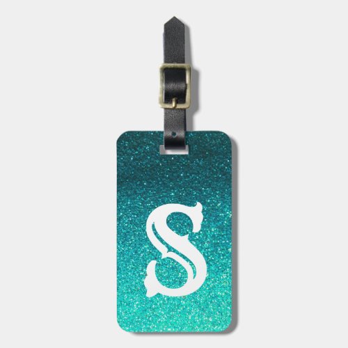 Turquoise Glitter Ombre Sparkles Glam Monogram Luggage Tag