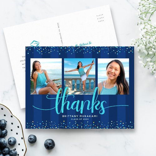 Turquoise glitter photo graduation navy thank you postcard