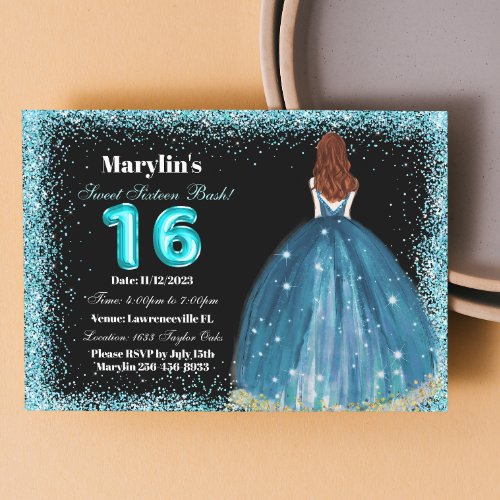Turquoise Glitter Princess Extravaganza Sweet 16 Invitation