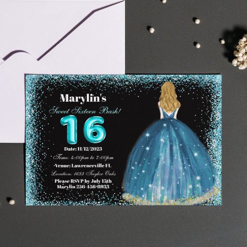 Turquoise Glitter Princess Extravaganza Sweet 16 Invitation