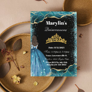 Turquoise Glitter Princess Quinceañera Ballgown Invitation
