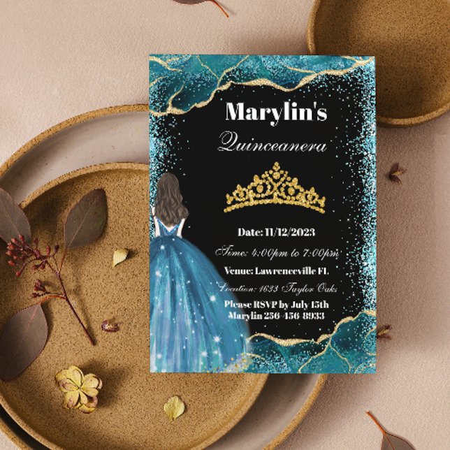 Turquoise Glitter Princess Quinceañera Ballgown Invitation (Creator Uploaded)