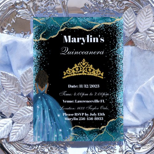 Turquoise Glitter Princess Quinceaera Tiara Magic Invitation